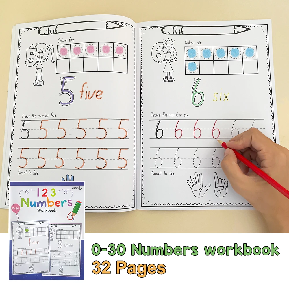 32-seitiges Zahlen-Nachzeichnungs-Arbeitsbuch für Kinder, Homeschool-Zubehör, Früherziehung, Zahlenerkennung von 0 bis 30, tägliches Übungsbuch Image