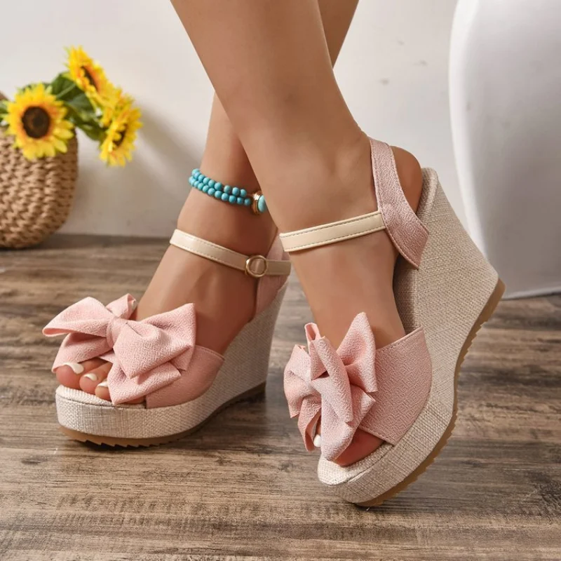 Sommerliche elegante Sandalen mit runder Zehenpartie, Schmetterlings-Keilabsatz, modisch, meistverkauft, neu, bequem, große Größen, Damenschuhe