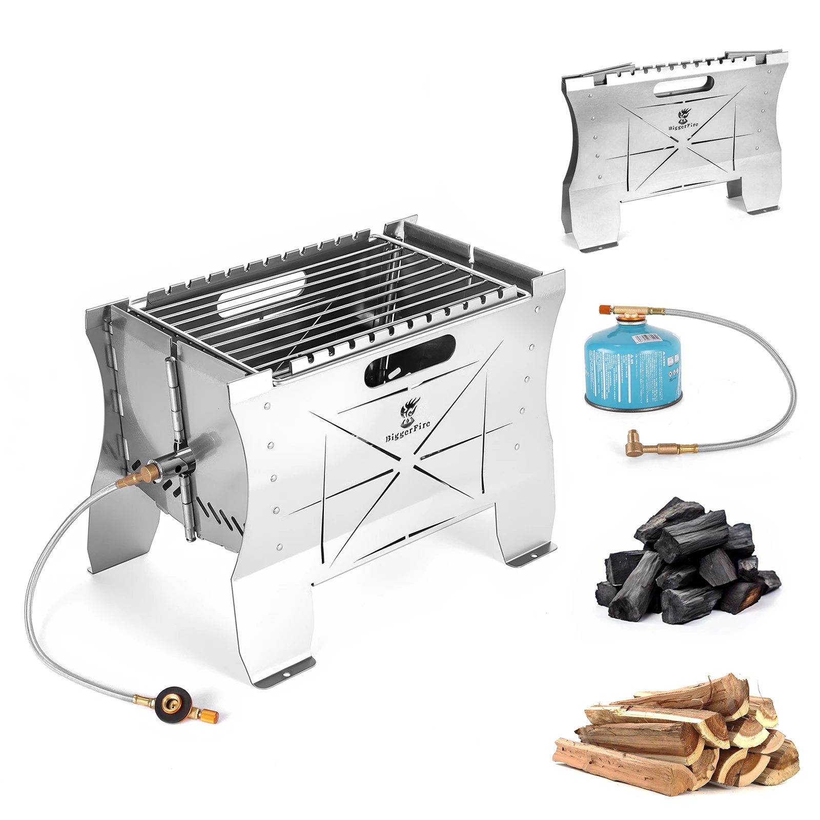 Camping-Grill Klappbarer Holzkohlegrill, 2-in-1 Tragbarer Dual-Fuel-Grill für Holzkohle oder Gas oder Feuerstelle Image