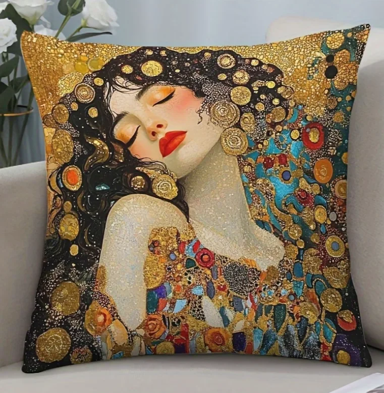Klimt-Stil Bohemian Kissenbezug Kunstdekor Luxuriöser Doppelseitiger Dekokissenbezug mit Reißverschluss Ikonisches Blumenmuster Image