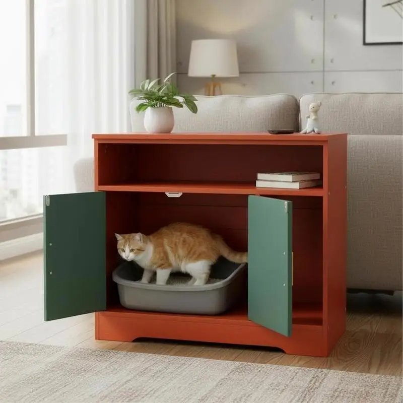 Moderne Katzentoiletten-Schranklösung für den Innenbereich, Holz-Katzenklo-Versteck, kompatibel Image