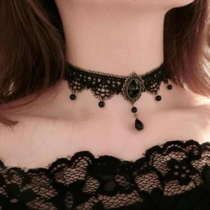 Accessoires femmes sangle de cou nouveau Sexy gothique gargants cristal noir dentelle cou collier ras du cou Vintage victorien femmes Chocker