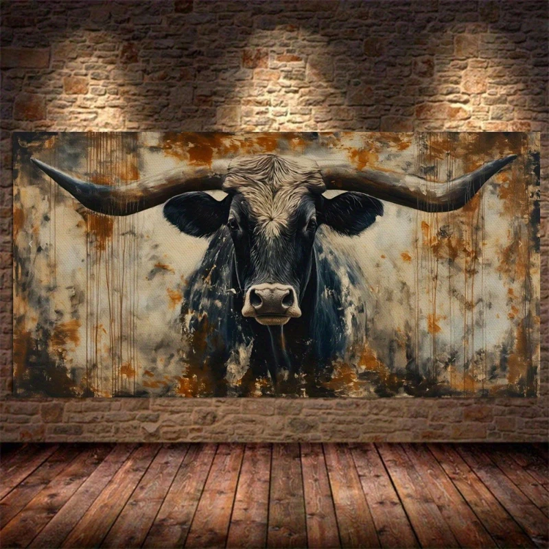 Longhorn Black Cattle Poster und Drucke, Retro-abstrakte Tierkunst, Leinwandgemälde, Wandkunst, Bild für Wohnzimmer, Heimdekoration Image