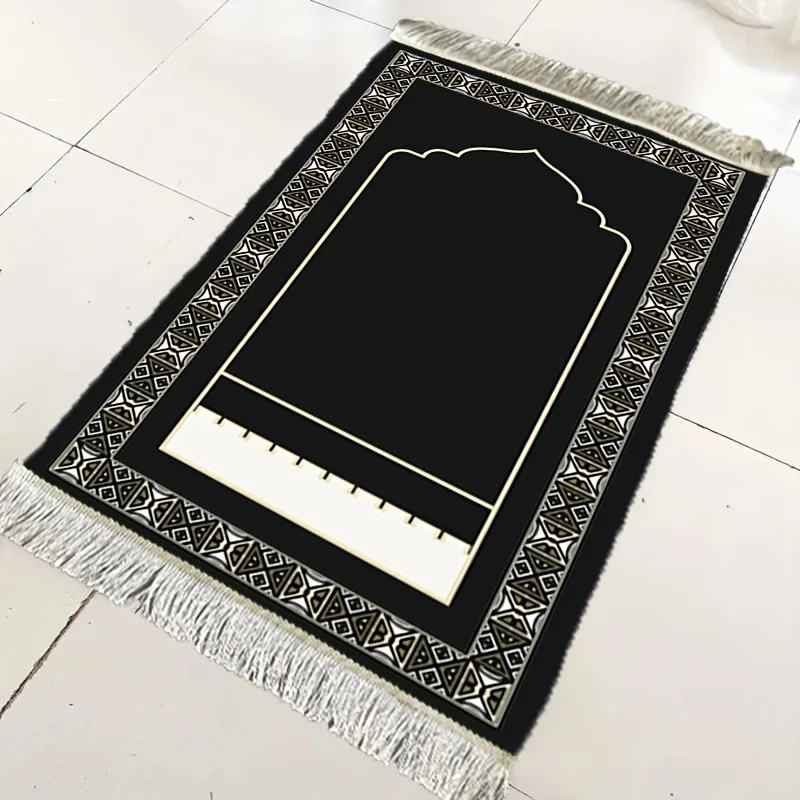 VIKAMA Minimalistischer Schwarz-Gold Islamischer Gebetsteppich - Klassischer Heim-Schlafzimmer-Teppich Rutschfester Quasten-Gebetsmatten Image