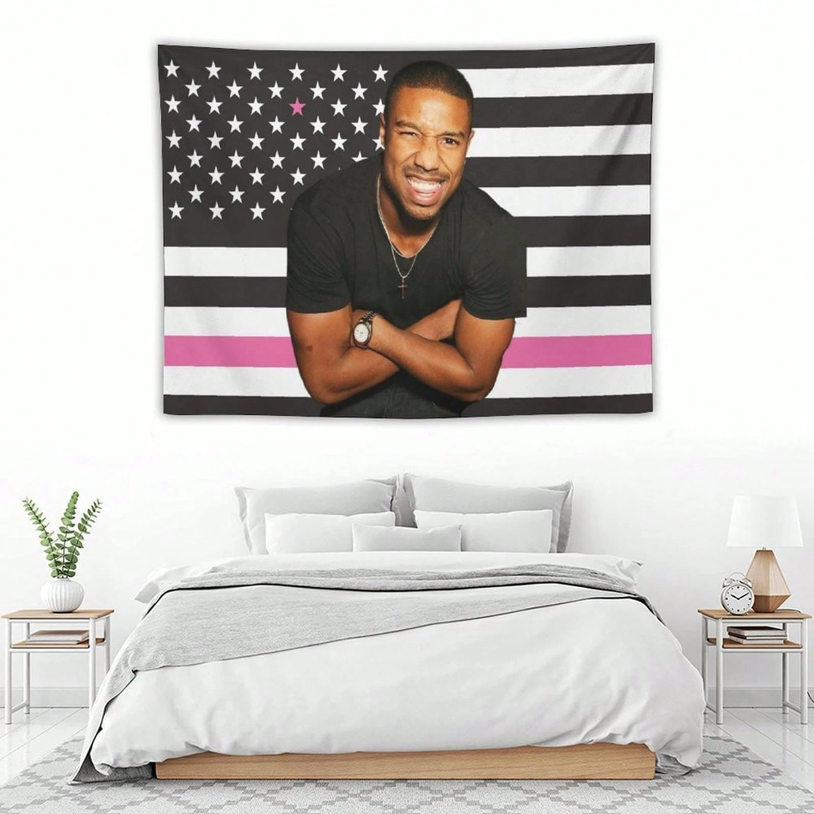 1 Stück Michael B. Jordan Black Pink Wandteppich mit amerikanischer Flagge, Wandbehang für Promi-Fans, coole Zimmerdekoration, große Größe, Polyester 2D P