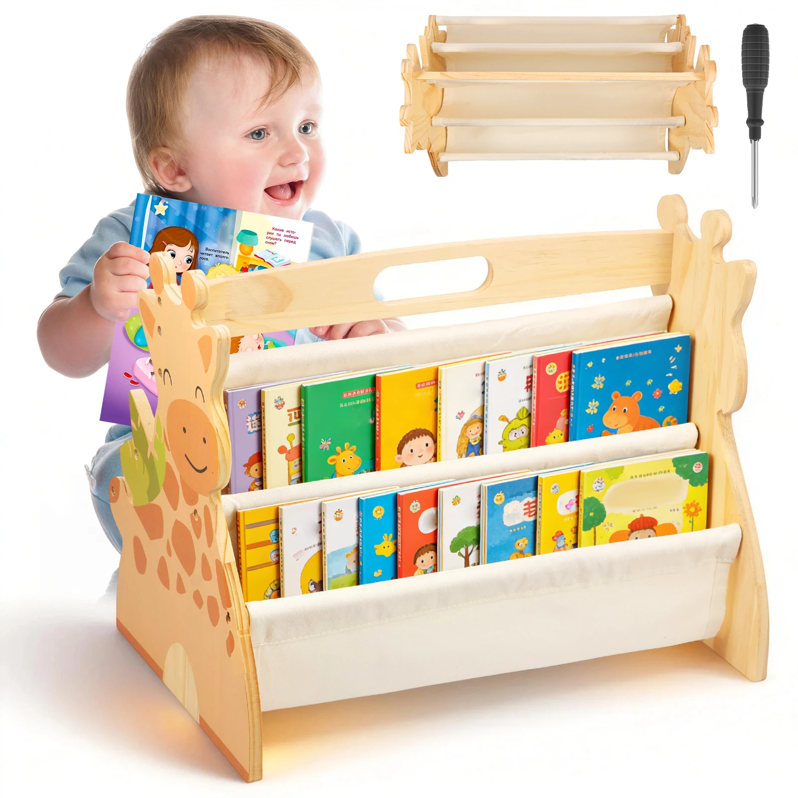 Kinder-Bücherregal Doppelseitig 4-stufig Mehrschichtig Tragbares Holz-Kleinkindregal für Kinderzimmer Kinderzimmer Schlafzimmer Spielzimmer