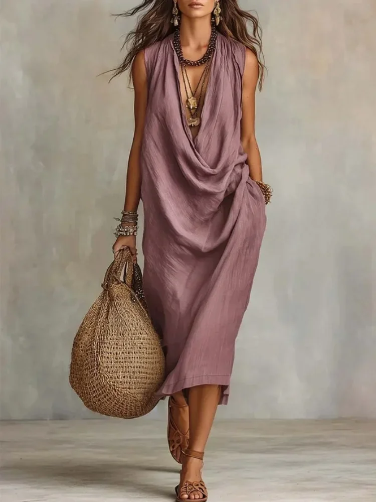 Elegantes Baumwoll-Leinen Langes Kleid für Damen Locker Drapierter Ausschnitt Ärmellos mit Taschen Vestido Sommer Lässiges Strand- und Urlaubskleid Image