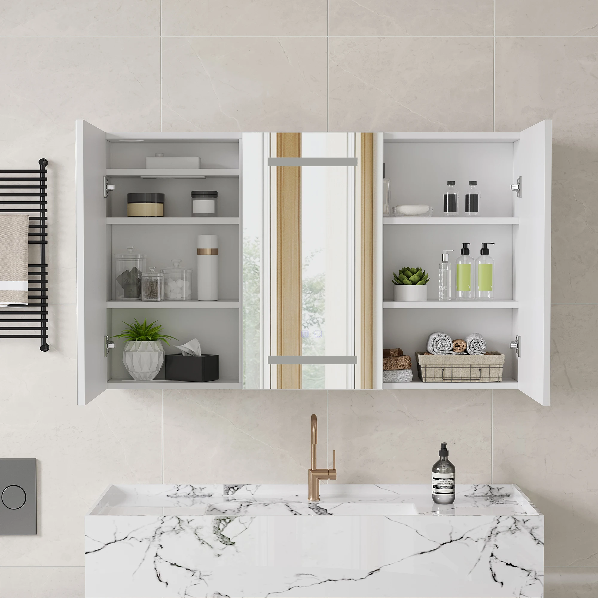 MINGZHE Möbel mit Spiegel 100x60x13,5cm, wandmontierter Badezimmerschrank mit Spiegel, 3-farbig einstellbare Beleuchtung, verstellbare Regale und automatische Antibeschlagfunktion, modernes Design für