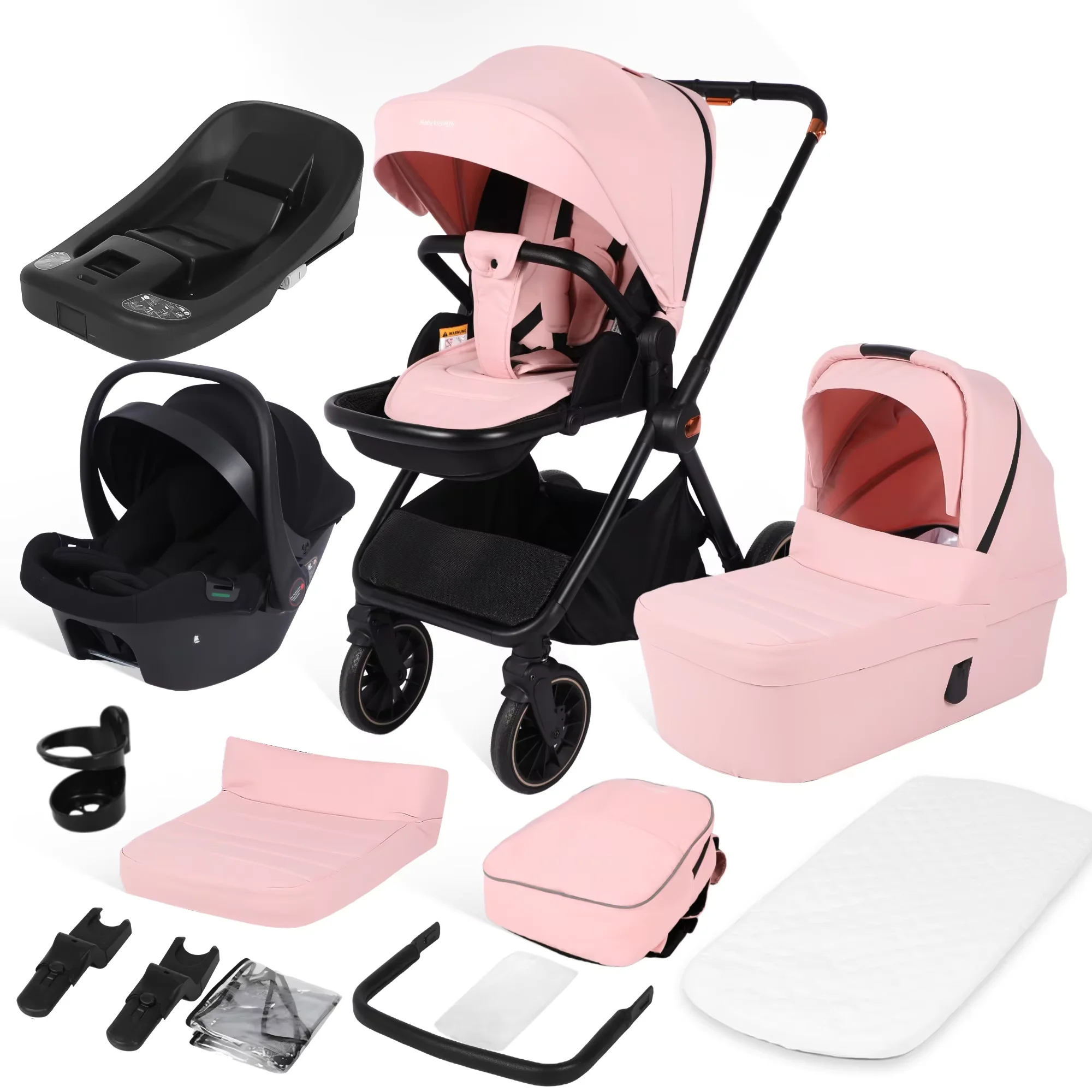 BabyVoyage 4-in-1 Kinderwagen-Reisesystem mit Autositz & Babywanne, Hochwertiger Wendbarer Kinderwagen mit ISOFIX-Basis & Komplettem Zubehör in Rosa, Grün und Schwarz für Neugeborene und Säuglinge Image