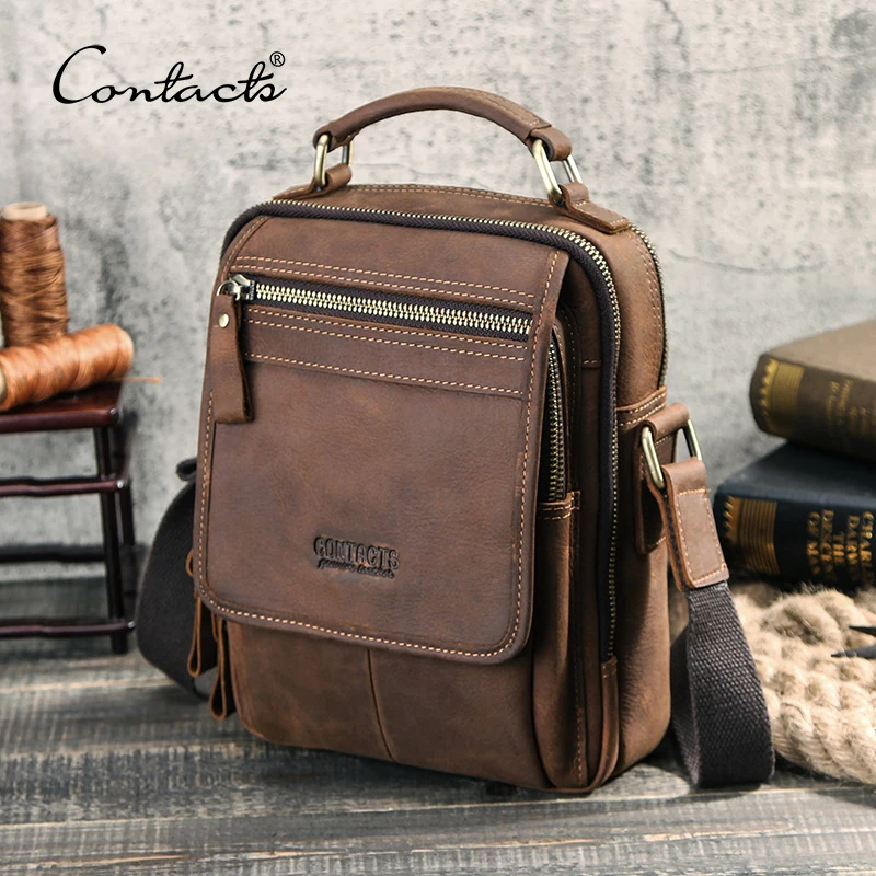 CONTACT'S Crazy Horse Leder Herren Messenger-Tasche Vintage Herren-Handtaschen für 7,9-Zoll-iPad Hochwertige Schultertaschen Umhängetasche Image
