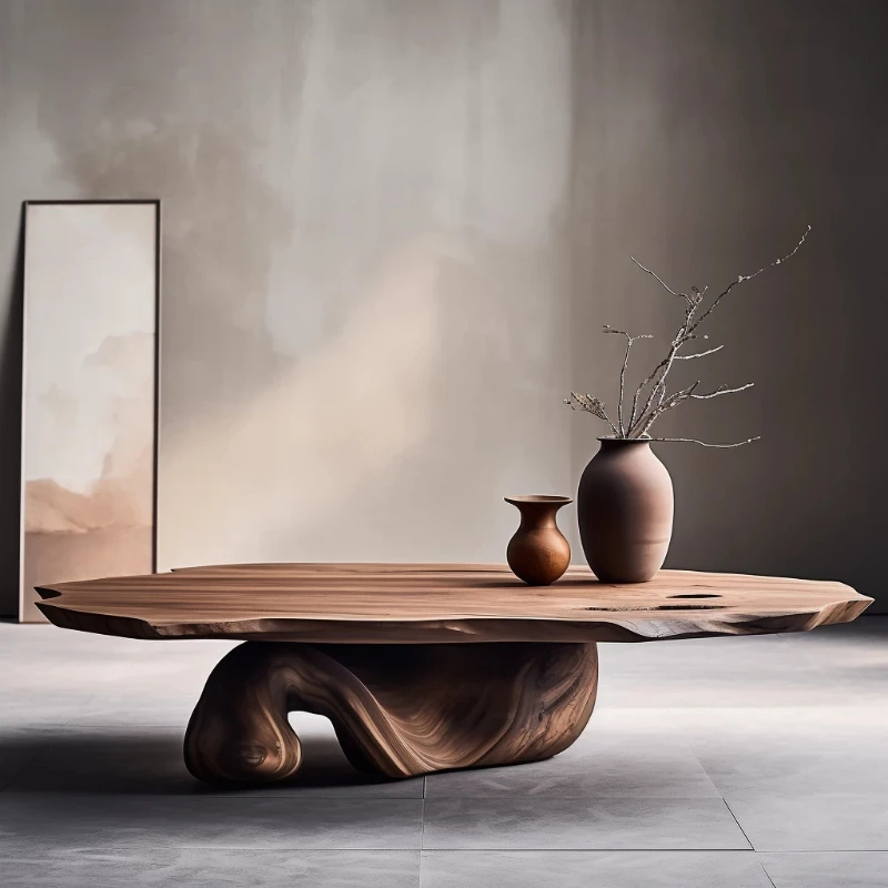 Wabi-Sabi-Stil Massivholz-Couchtisch mit Naturkanten-Platte und Organischem Untergestell für Rustikale Mid-Century Wohnraumdekoration Image
