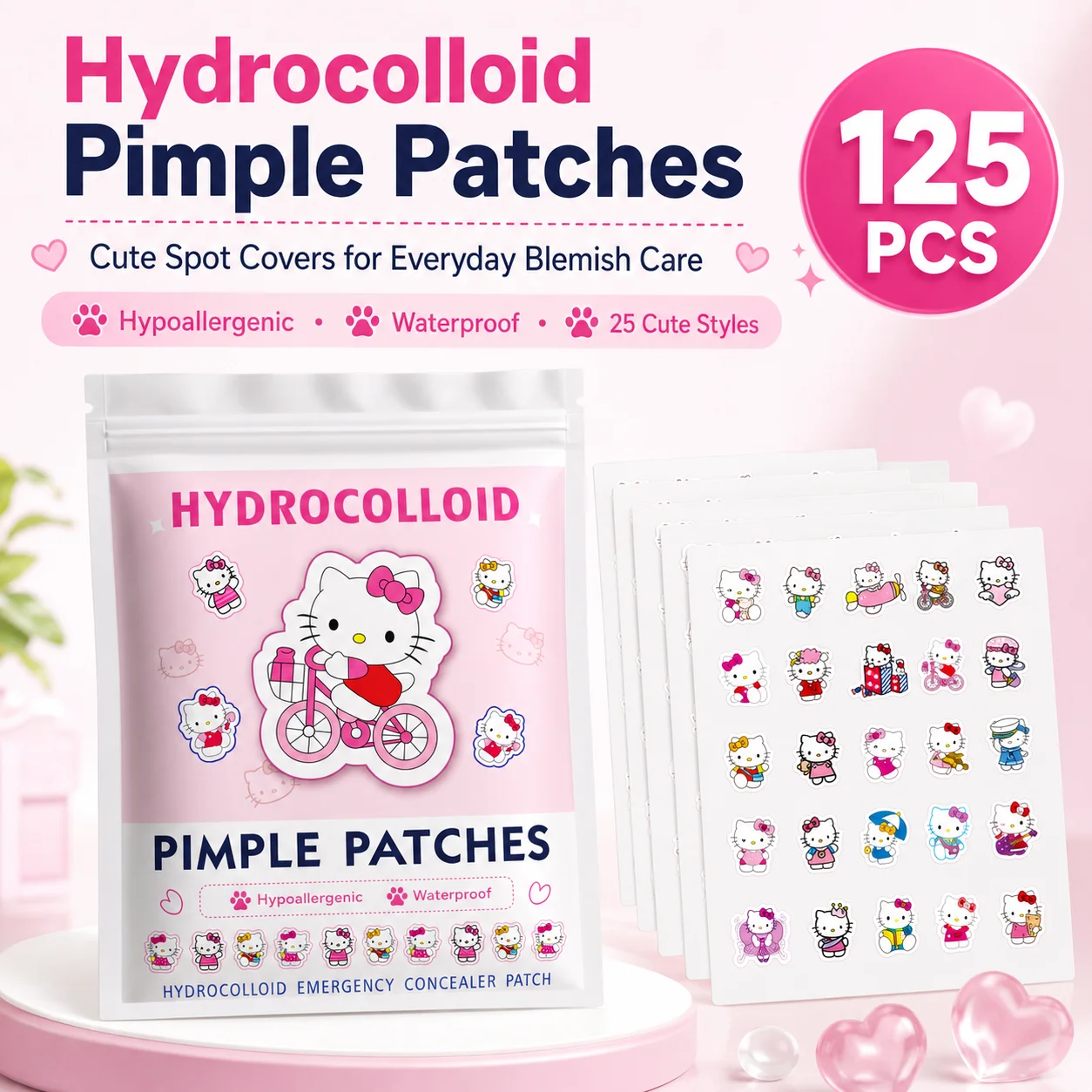Hello Kitty Niedliche Pickelpflaster, 125 Stück Hydrokolloid-Akne-Pflaster, 25 Lustige Designs, Sanft, Wasserdicht, Hautfreundlich Image