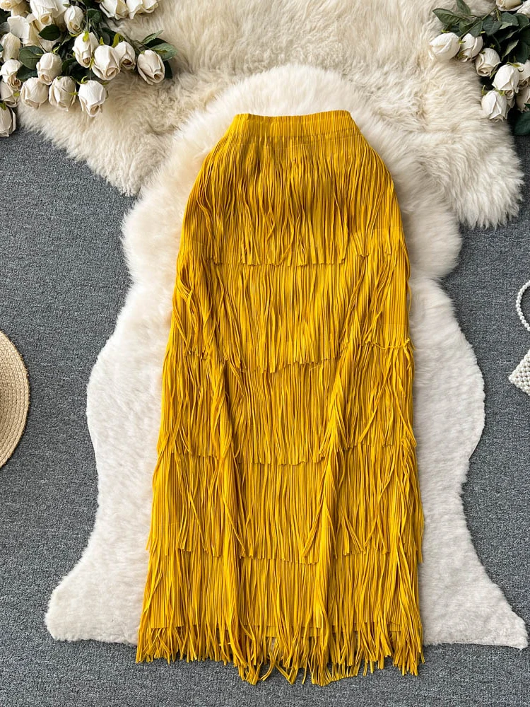 Sommer Frauen Vintage Quaste Midi Rock gelb/Rose rot/grün/schwarz/weiß elegant hohe Taille schlanke lässige Fladas Strand Saia neu