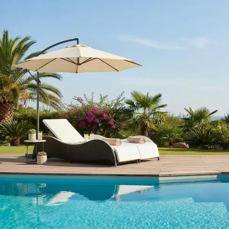 Doppelliege mit verstellbarem Rückenlehne und abnehmbaren Kissen – wetterfestes Rattan-Design, ideal für Garten und Terrasse.