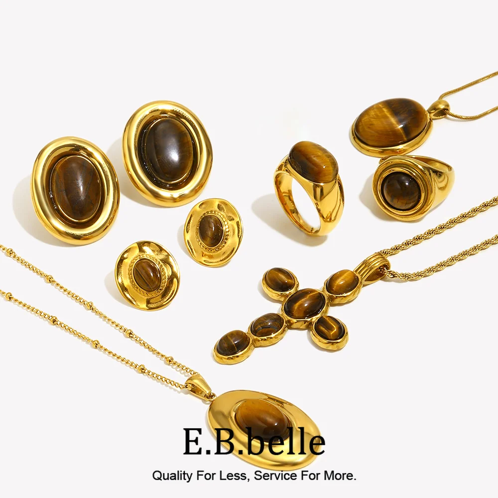 E.B.belle Edelstahl Vintage Tigerauge Serie Schmuckset Ring 18K vergoldet Halskette Ohrring Damen Geschenk