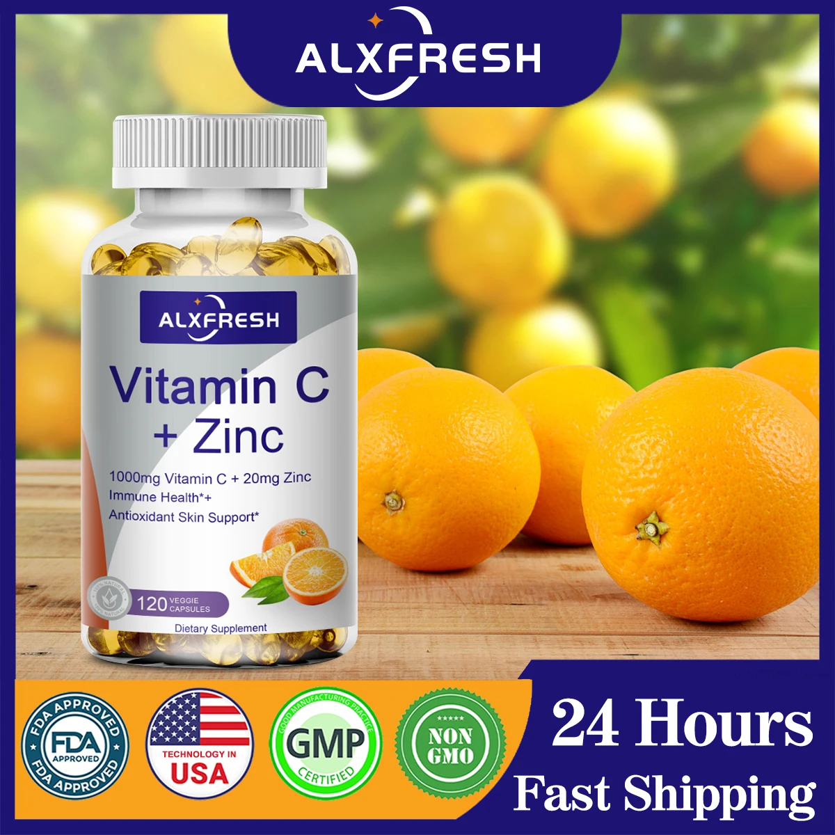 Alxfresh Vitamin C 1000 mg mit Zink 20 mg | Vitamin-Dieterie-Ergänzung | Nicht-GMO und glutenfrei vegan | für Immununterstützungskappen Image