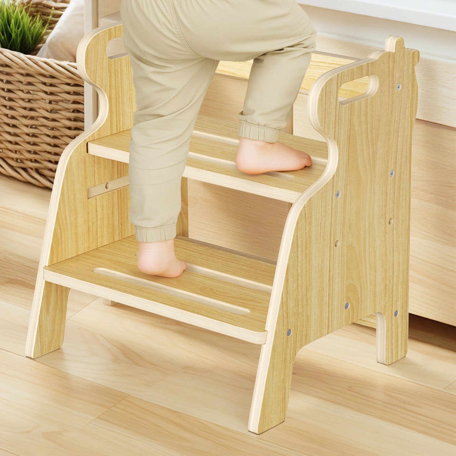 Kinder-Tritthocker aus Holz mit 2 Stufen, rutschfester Tritthocker mit Griff, maximale Belastung 50 kg, Küche, Badezimmer, Kind ab 3 Jahren