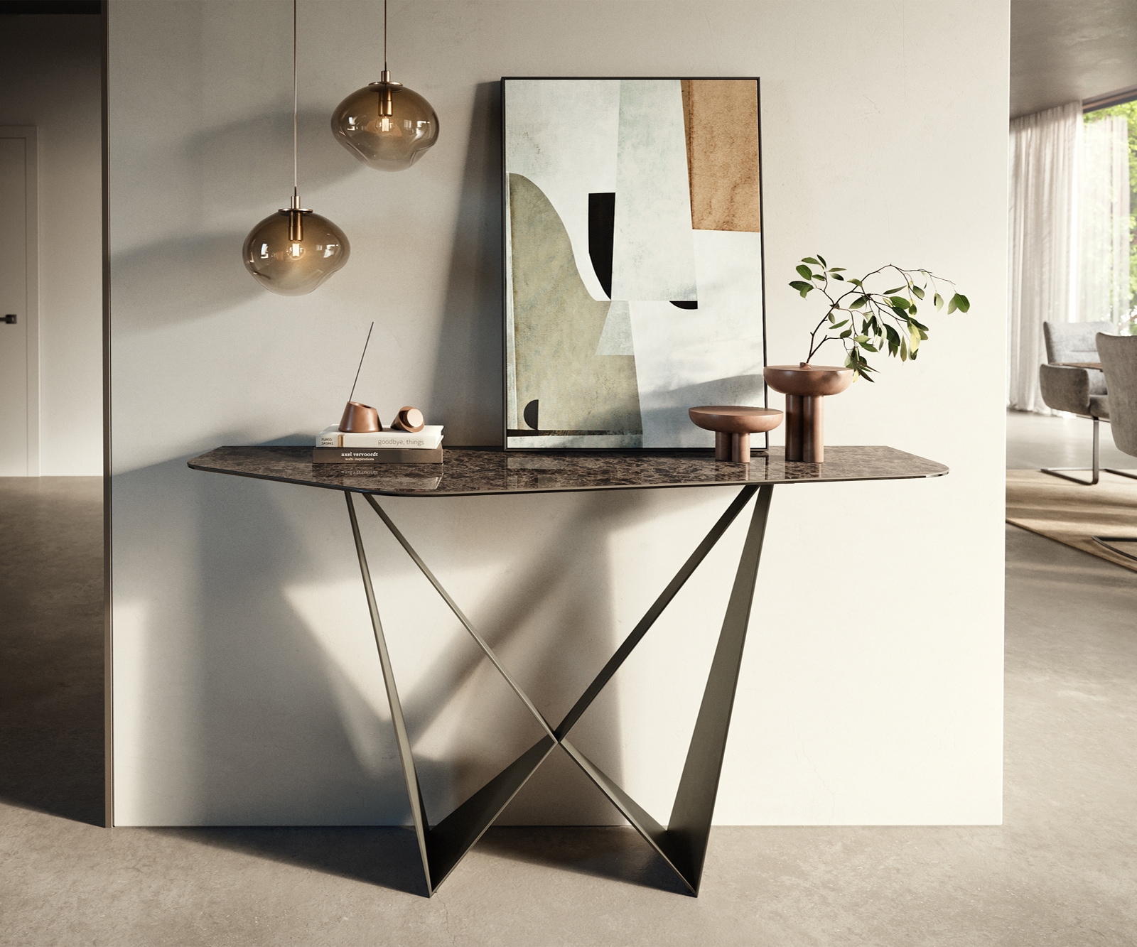 DELIFE Konsolentisch Edge Polygonal 140x50 cm Keramik Emperador Extra Lucidato Dunkelbraun Spios Metall Effektfinish Titan, Konsolentische
