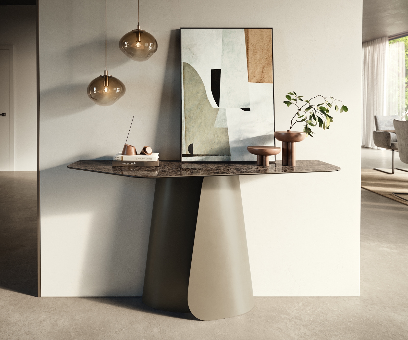 DELIFE Konsolentisch Edge Polygonal 140x50 cm Keramik Emperador Extra Lucidato Dunkelbraun Livos Metall Effektfinish Titan, Konsolentische Image