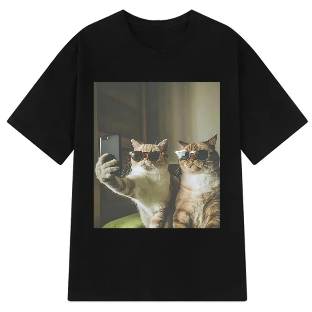Harajuku Mode Herren Damen T-Shirts Vintage Selfie Buddy Lustiges Katzen-Meme T-Shirt Kurzärmeliges Baumwoll-Hip-Hop Freizeit-T-Shirt