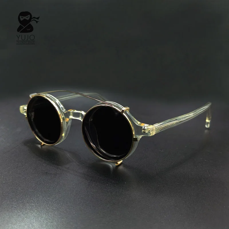 Retro-Sonnenbrille mit rundem Clip und UV400-Schutz, polarisiert, mit transparentem Farbrahmen. 2-in-1-Brille mit optischer Sehstärke und Blaulichtfilter. Image