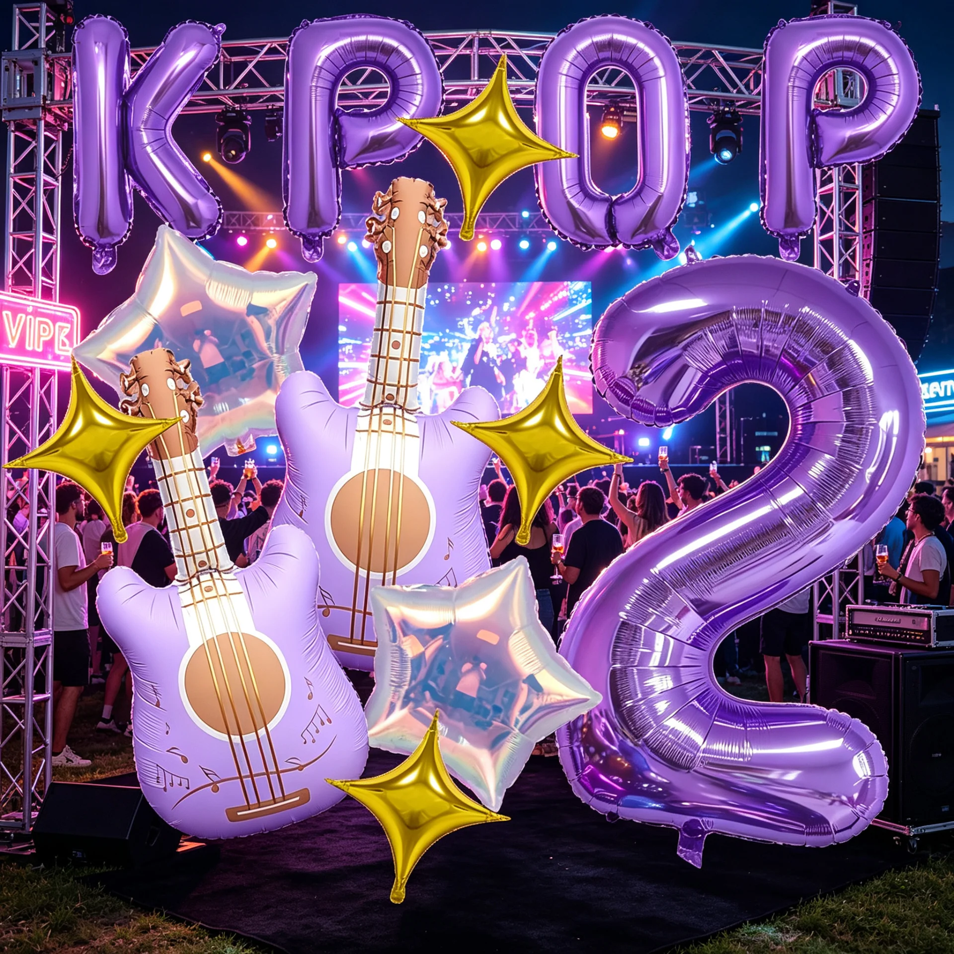 Lila Gitarren-Ballon-Set K-Pop Musik Geburtstagsparty Dekoration Ballons-Set Goldene Vierzackige Sterne, 32-Zoll Lila Nummer Image
