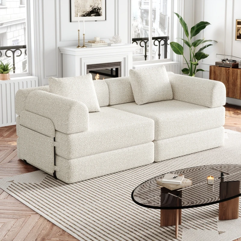 Patentiertes Design: Chenille-Schlafsofa 2-in-1 mit Stauraum in der Armlehne, drei Metallrahmen und mehrere Konfigurationsmöglichkeiten. Sofa, Couch, Wohnzimmer-Sofa, gepolsterte Sitzfläche,