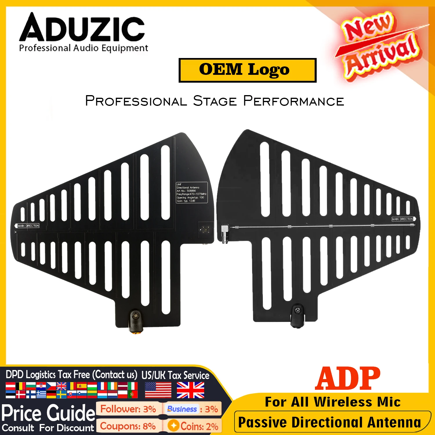Aduzic 2PCS Richtantenne ADP-Antenne für alle drahtlosen Mikrofon Passive Antennen 450-960Mhz für professionelle Bühnenauftritte Image