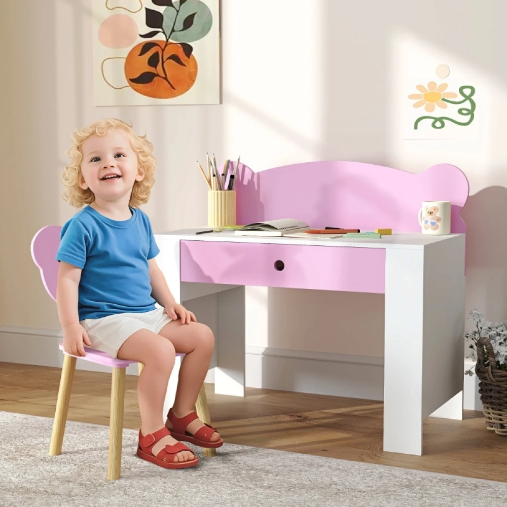 Kinder-Schreibtischset, bestehend aus Schreibtisch und Stuhl, mit Schublade, Rückenlehne in Bärenform und Schreibtischabtrennung, für Kinder von 3 bis 8 Jahren, in Rosa Image