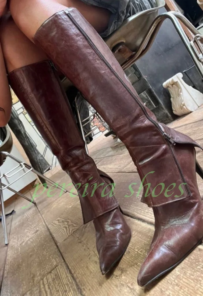 Dame Spitzschuh Sexy Umlegeknie Stiefel Vintage Stil Dunkelbraun Pu Reißverschluss Runway Gladiator Kniestiefel Schuhe Größe 34-46