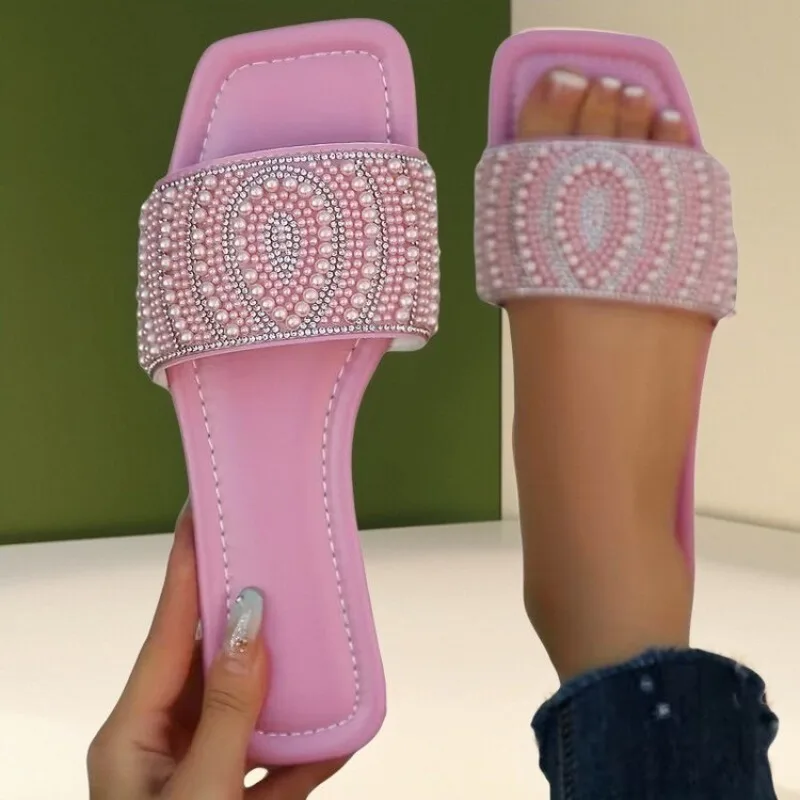 Modische, bequeme, quadratische Perlen-Freizeitschuhe für Damen, neue elegante flache Sommerschuhe in großen Größen