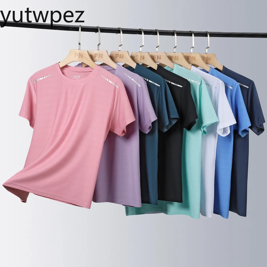 Damen-Lauf-T-Shirt, reflektierend, hochelastisch, atmungsaktiv, Sport-T-Shirt für den Sommer, schnell trocknend, aus Eisseide, kühl, mit kurzen Ärmeln Image