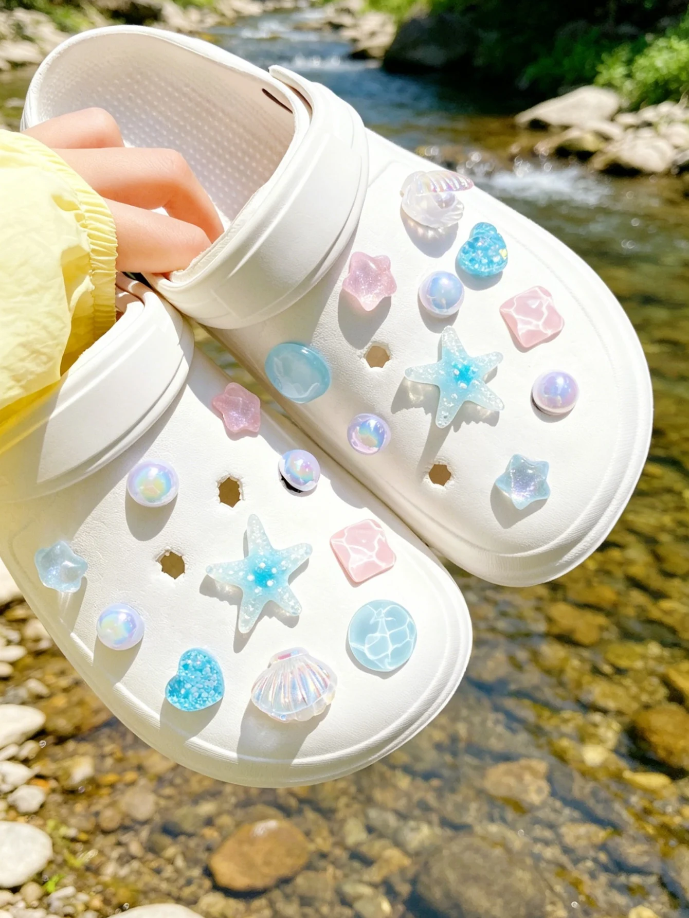 20-teiliges, modisches und vielseitiges DIY-Schuhzubehör mit abnehmbaren blauen Seesternen und Muscheln. ABS Garten-Schuh-Sandalen-Charms, Outdoor