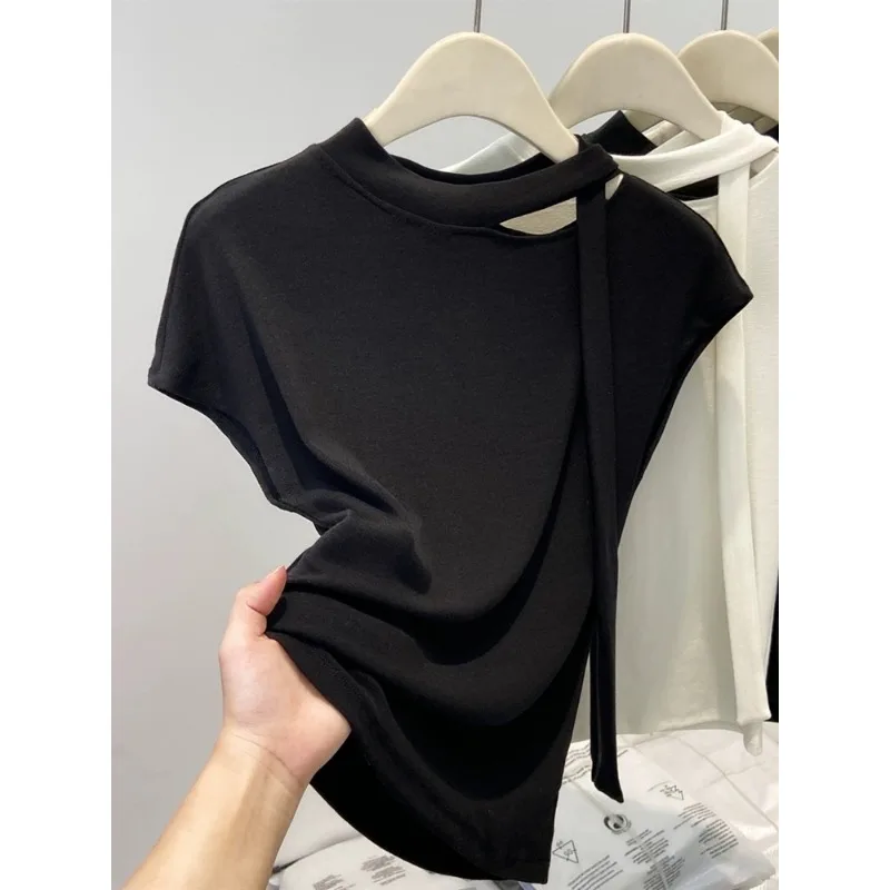Koreanische Mode Rundhals-T-Shirt mit Streamer-Design, Weiß, Kurzarm, Damen Sommer Neu Slim-Fit Einfarbig Vielseitiges Urlaubstop Image