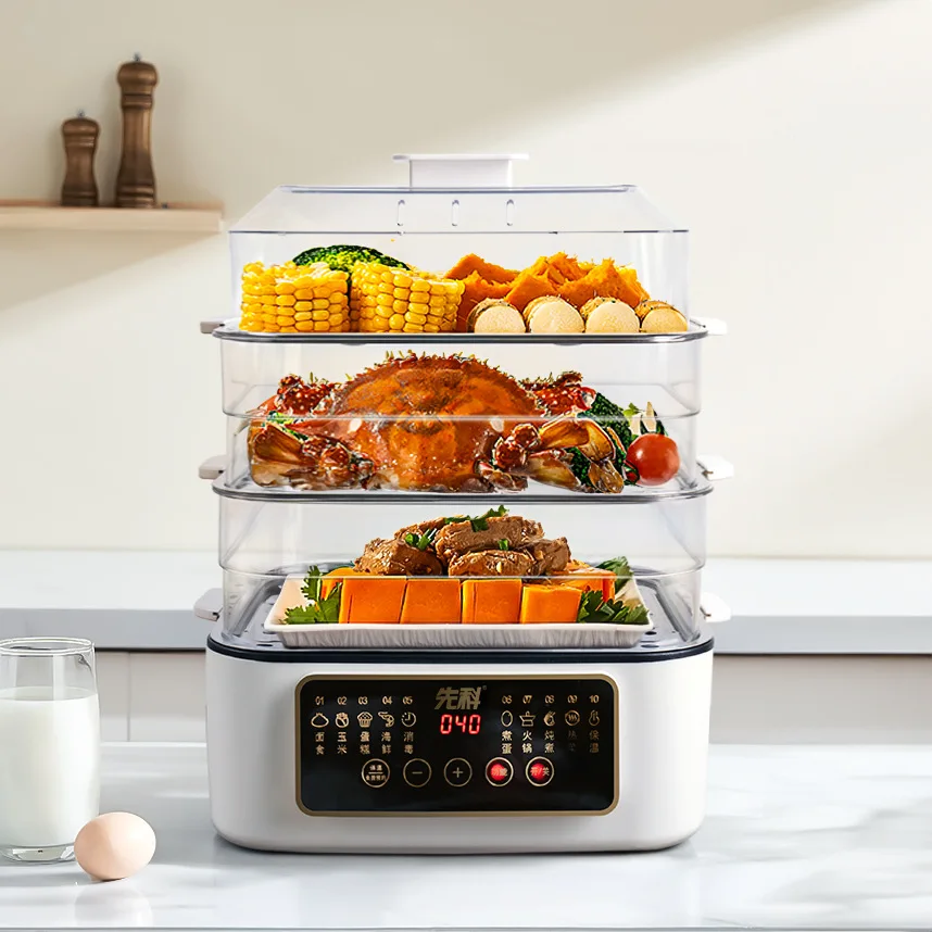 Elektrischer Dampfgarer, multifunktionaler Frühstücksmacher mit drei Ebenen, großem Fassungsvermögen, Warmhaltefunktion und Timer-Voreinstellung Image