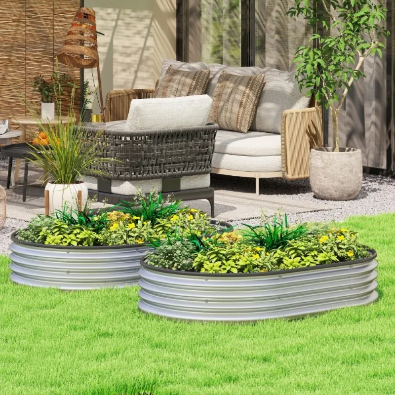 2er-Pack Metall-Hochbeet aus Verzinktem Stahl für Draußen, Gemüse- und Blumenpflanzkasten mit Offenem Boden, Großes Gartenbeet, Kräuter-Anzuchtbehälter-Set Image