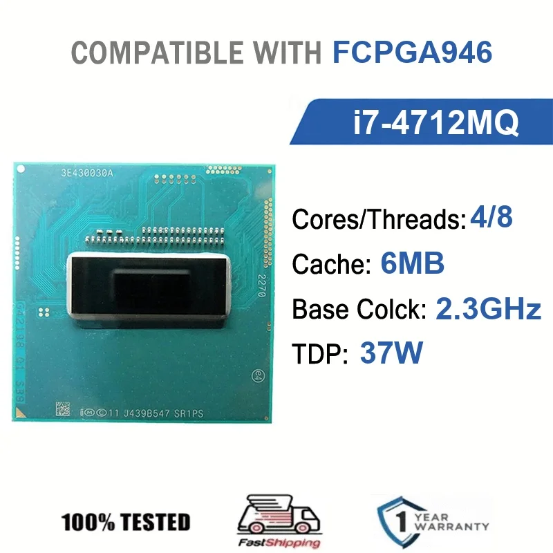 Intel Core i7-4712MQ 4 Kerne 8 Threads 2,3 GHz 37 W 6 MB Cache 22 nm FCPGA946 SR1PS DDR3L 1333/1600 MHz Haswell HD Graphics 4600 Image