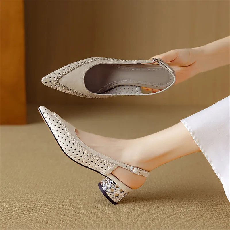 Neue Sommer Sandalen Aus Echtem Leder Frauen Schuhe Spitz Sandalen für Frauen Mode Aushöhlen Sandalen Handgemachte Chunky Heels