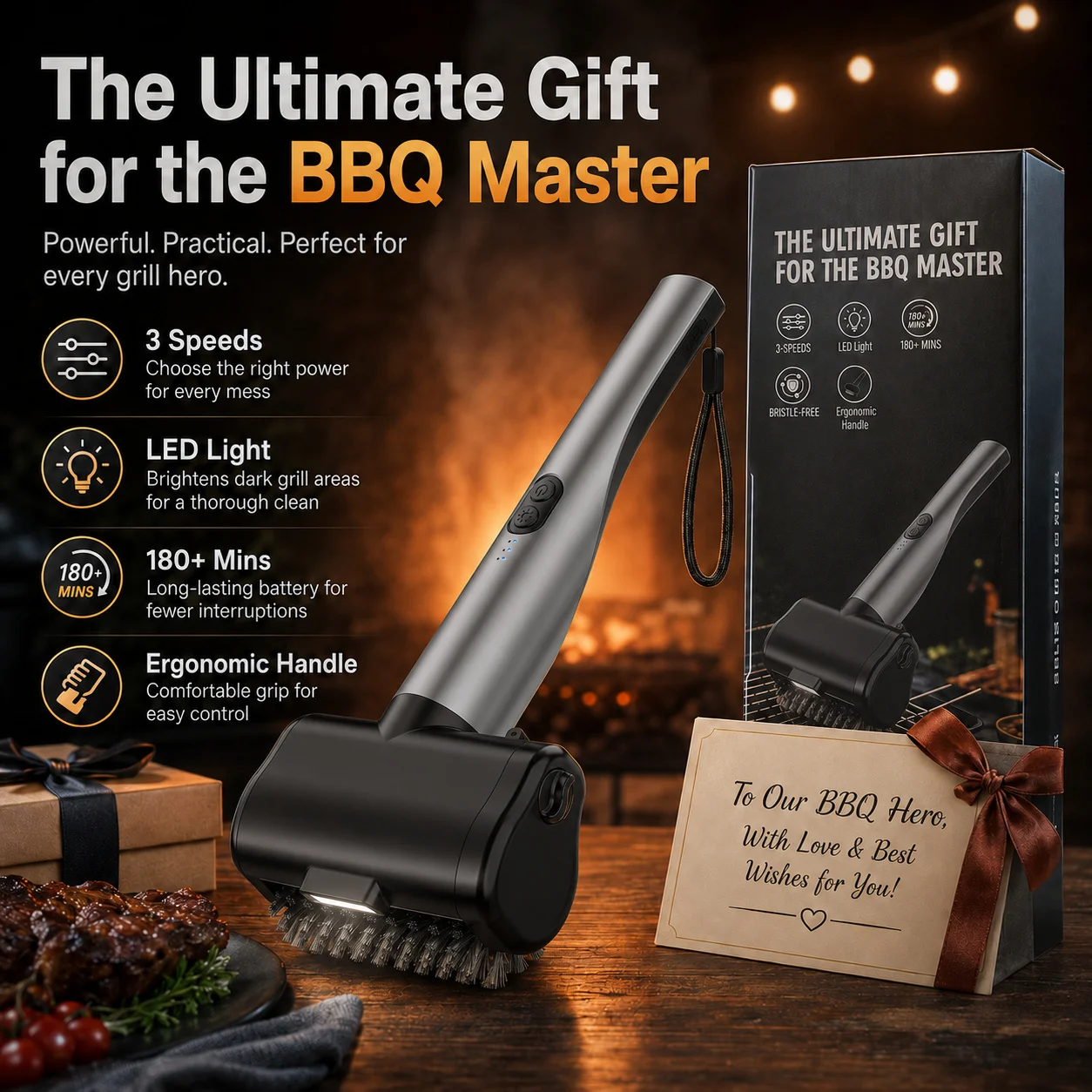 Elektrische Grillbürste, Grillbürste mit hohem Drehmoment und 3 Geschwindigkeitsmodi, mit 3 Bürstenköpfen für die Reinigung von Outdoor-BBQ-Grills und Küchenherden. Image