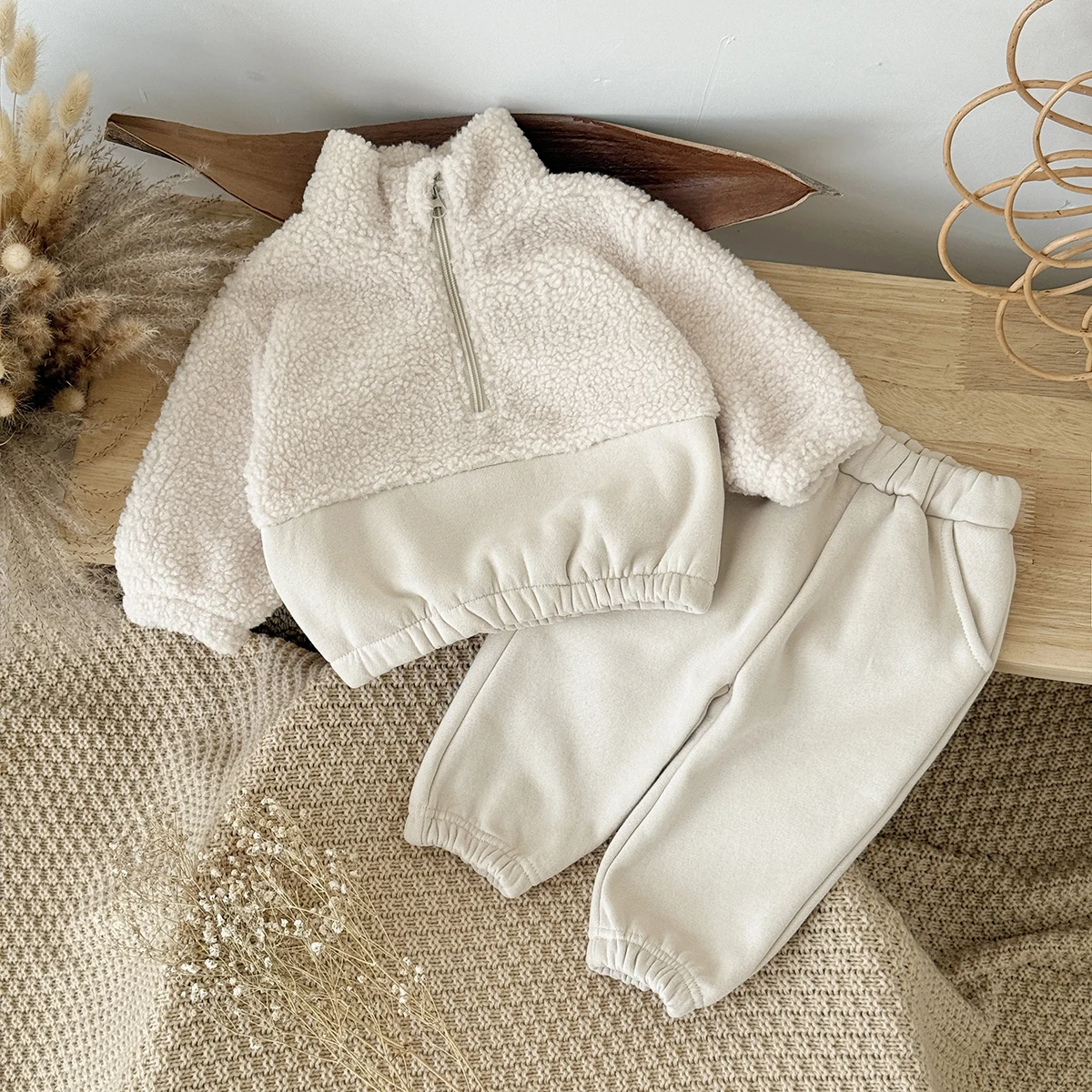 Herbst Winter Thermo Anzug Baby Kleidung Sets Jungen Mädchen Lamm Fleece Farbe blockiert hohen Hals Top + Solid Hosen Image