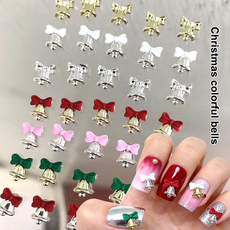 5 Stücke Weihnachten Legierung Nagel Zubehör Mini Farbige Schleife Glocke Strass Schmuck Nail art Charms Dekorationen 3D Flache Rückseite Teile Image
