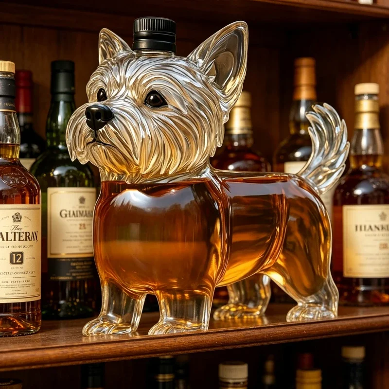 Yorkshire Terrier Hundeförmiger Whisky-Dekanter Glasflasche Tier-Likör-Karaffe für Wein Bourbon Wodka Hausbar Party-Dekoration