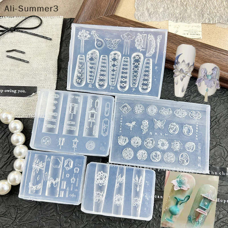 3D Silikon Nail art Form Vorlage Lotus Laterne Goldfisch Platte Schnalle Carving Schablone Werkzeug DIY Design Maniküre Charme Dekor Image