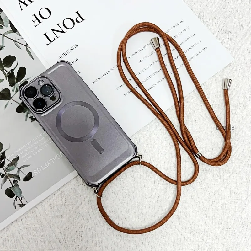 Stoßfeste magnetische Hülle für iPhone 16 Pro Max 14 13 12 11 15 Plus 16E Wireless Charging Plating Crossbody Lanyard Strap Cover Image