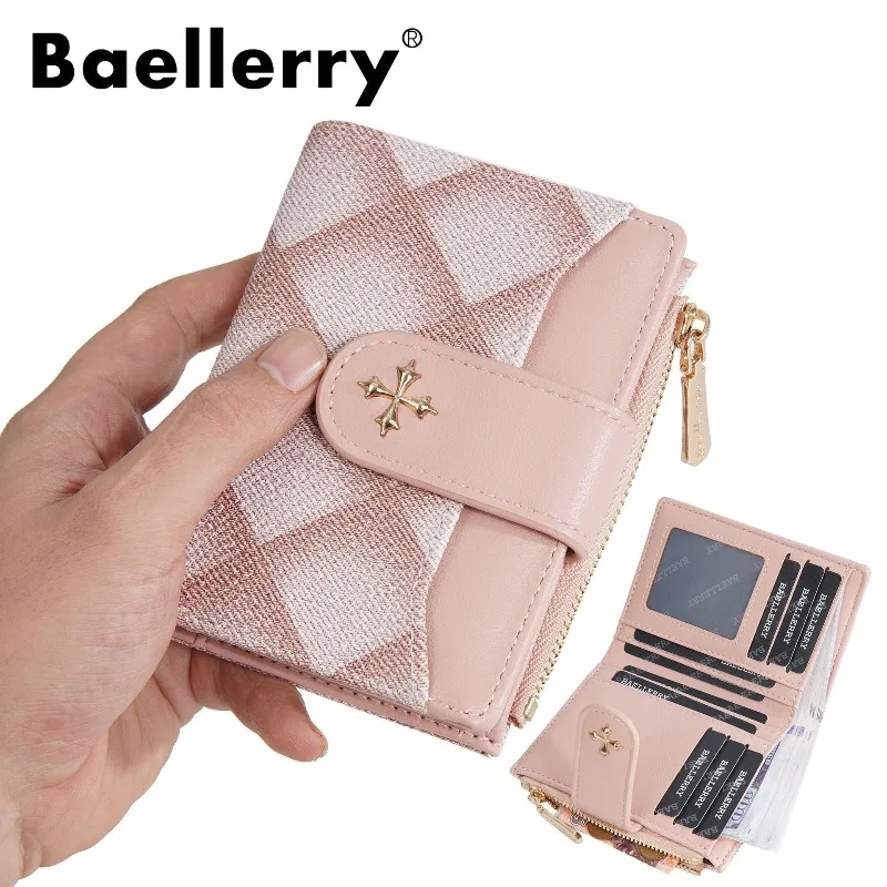 Baellerry Damen Kurze Schnallenbrieftasche mit Diamantmuster, Karierter Verschluss, Reißverschluss-Kartenhalter für Frauen Image