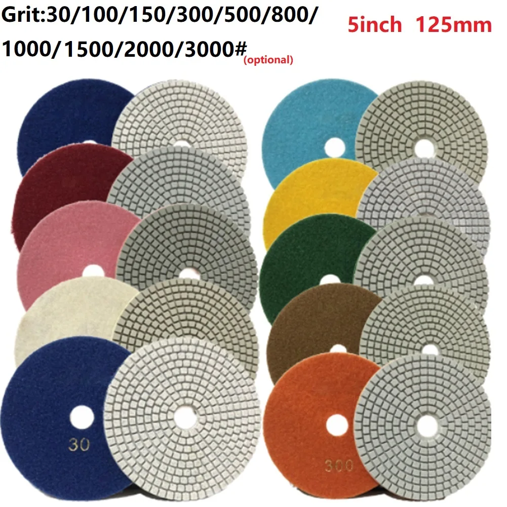5 Zoll/125 mm Schmirgel-Polierpad, flexible Schleifscheiben, Granit, Marmor, Beton, Körnung 30/50/100/150/500/800/1000/1500/2000/3000 Image