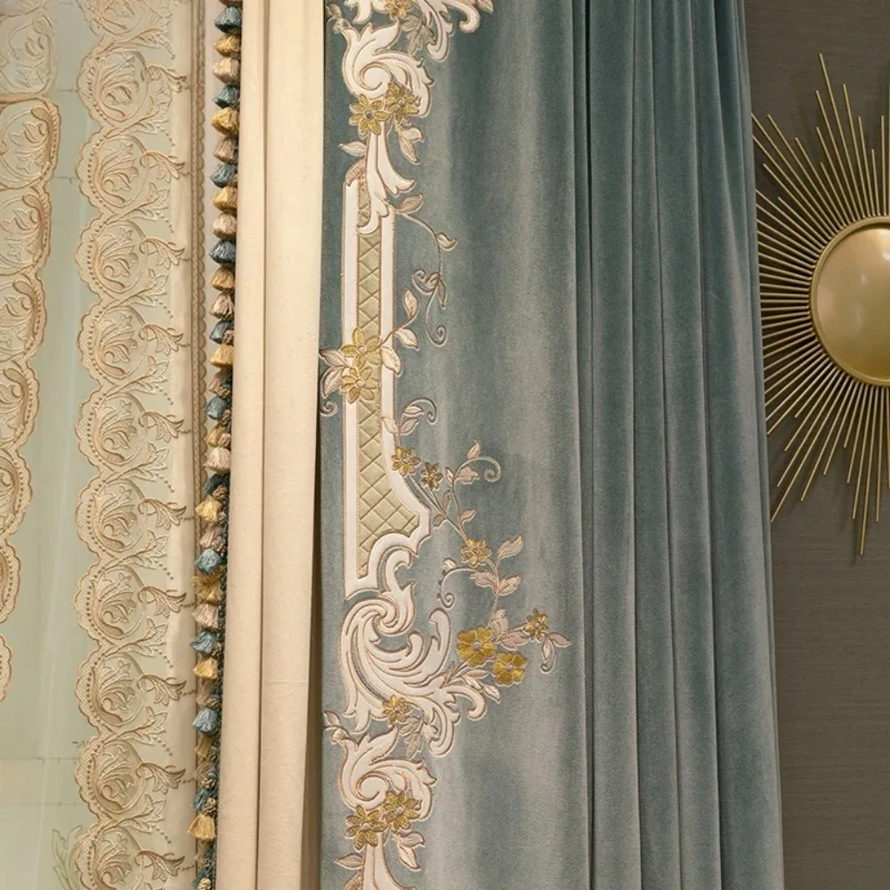 Neue französische leichte Luxus-Samt-gestickte Verdunkelungsvorhänge für Wohnzimmer, Schlafzimmer, verdickt, elegante europäische Villa, individuell Image