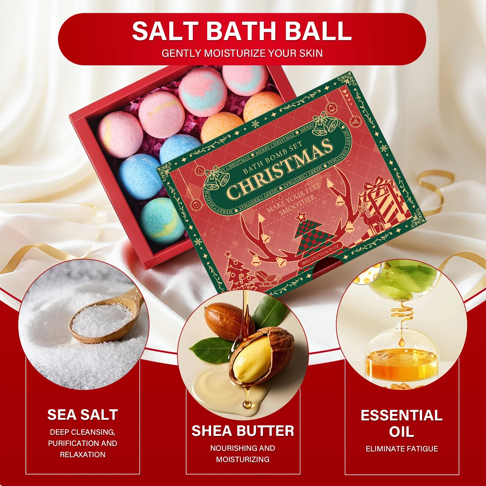 12-teiliges Salzbadeball-Weihnachtsgeschenkset, macht Keratin weich, sperrt Feuchtigkeit, nährt die Haut, verbessert trockene und raue Haut Image