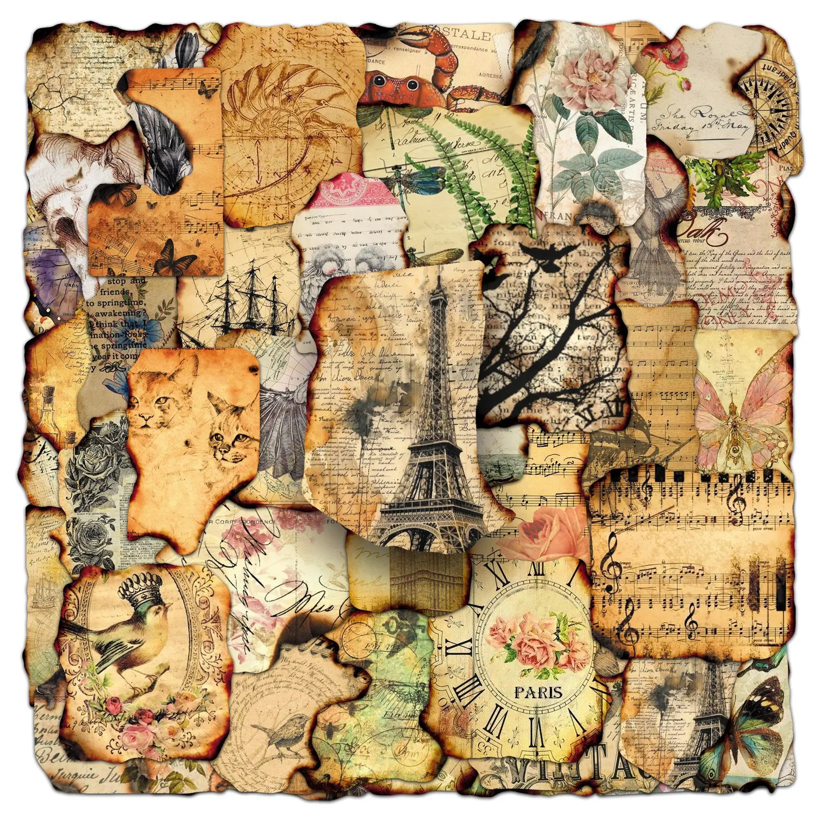 50 Stück verbrannte Vintage-Aufkleber, historische kreative dekorative Aufkleber für Scrapbook, Junk-Journal, Collage, DIY-Handwerk Image