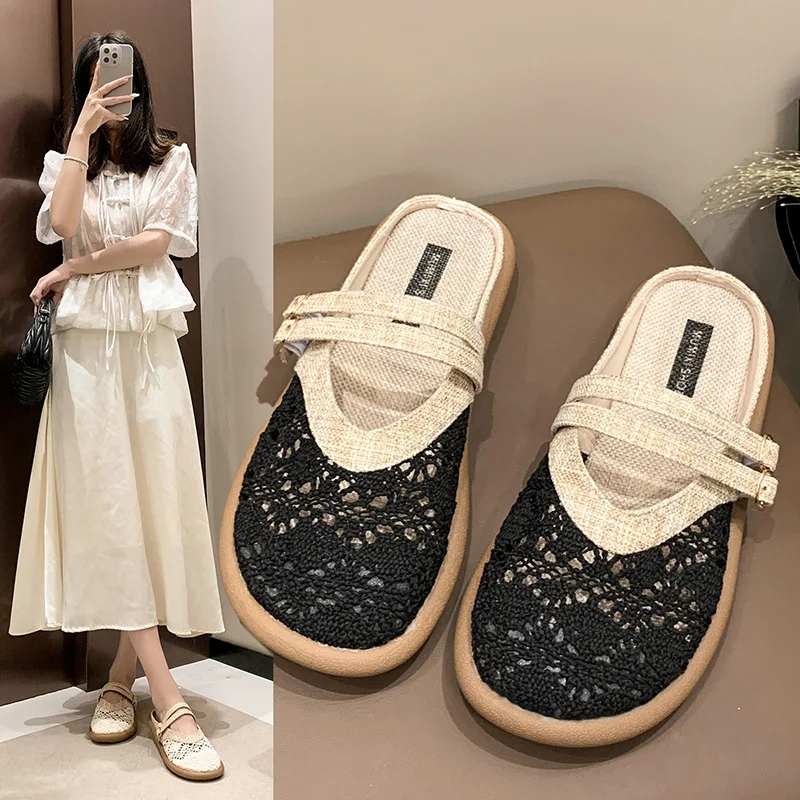 Bohemia Hollow Sandalen 2025, neue atmungsaktive Hausschuhe für Damen, Sommer, Leinen, Retro-Sandalen, One Step Damen-Einzelschuhe, Größe 42